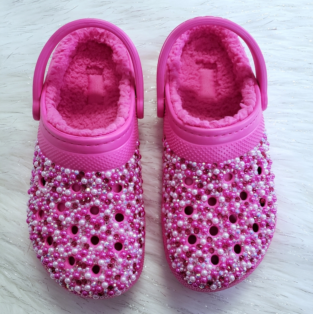 Pink Fleece Lined Bedazzled Crocs